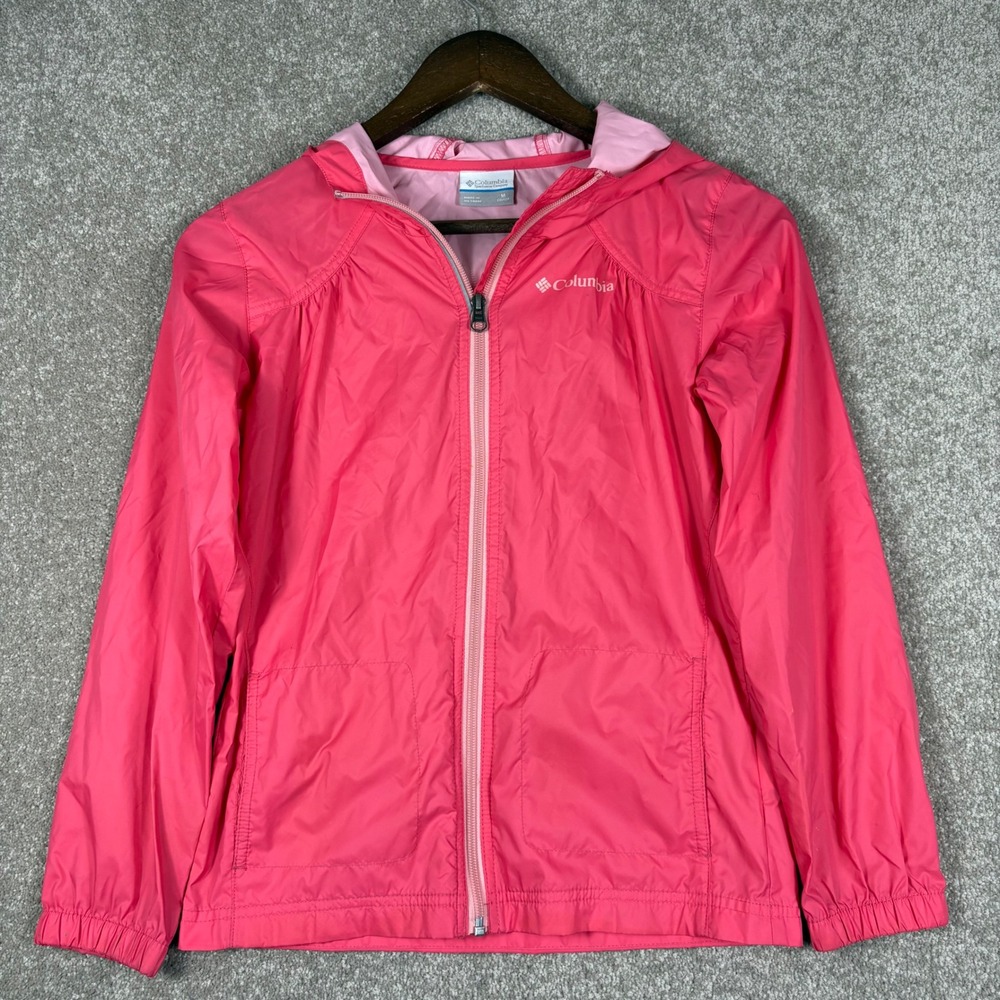 Columbia Girls Pink Hooded Windbreaker Jacket Size M 10/12 Full Zip Outdoor